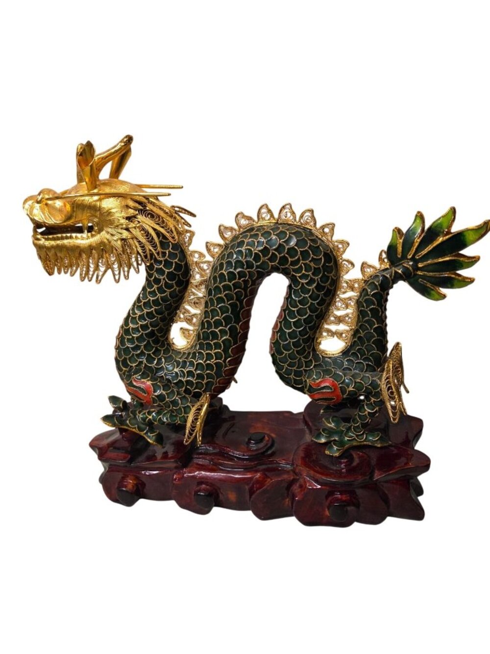 9" Vintage Chinese Cloisonne Enamel Gilt Bronze Dragon Chinese Figurine Gold Gre